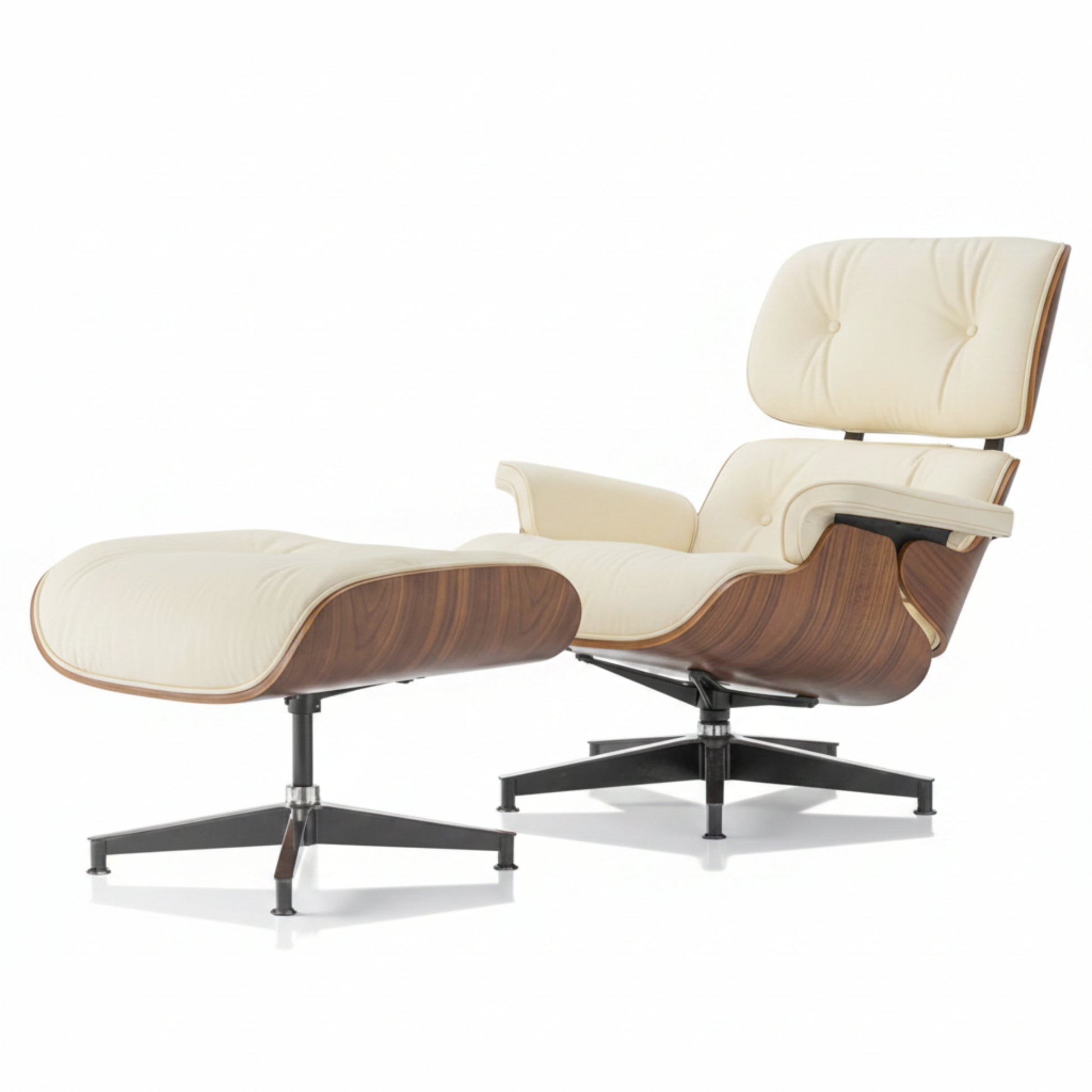Charles Eames Inspired Mid-Century Lounge Chair & Ottoman Set in Walnut Ivory - Aura Furnitures
