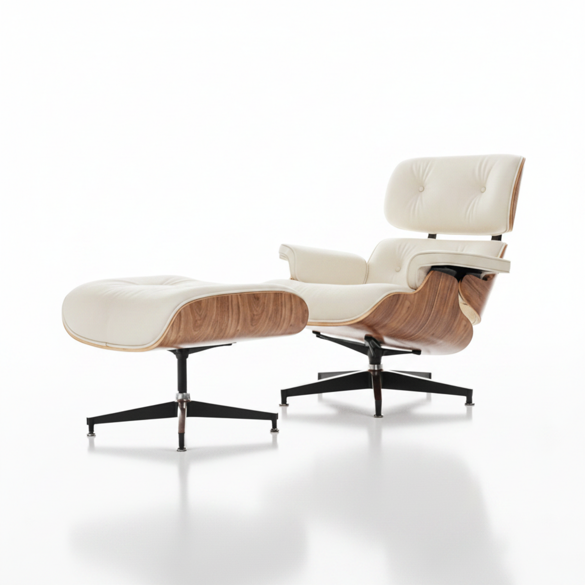 Charles Eames Inspired Mid-Century Lounge Chair & Ottoman Set in Walnut Ivory - Aura Furnitures