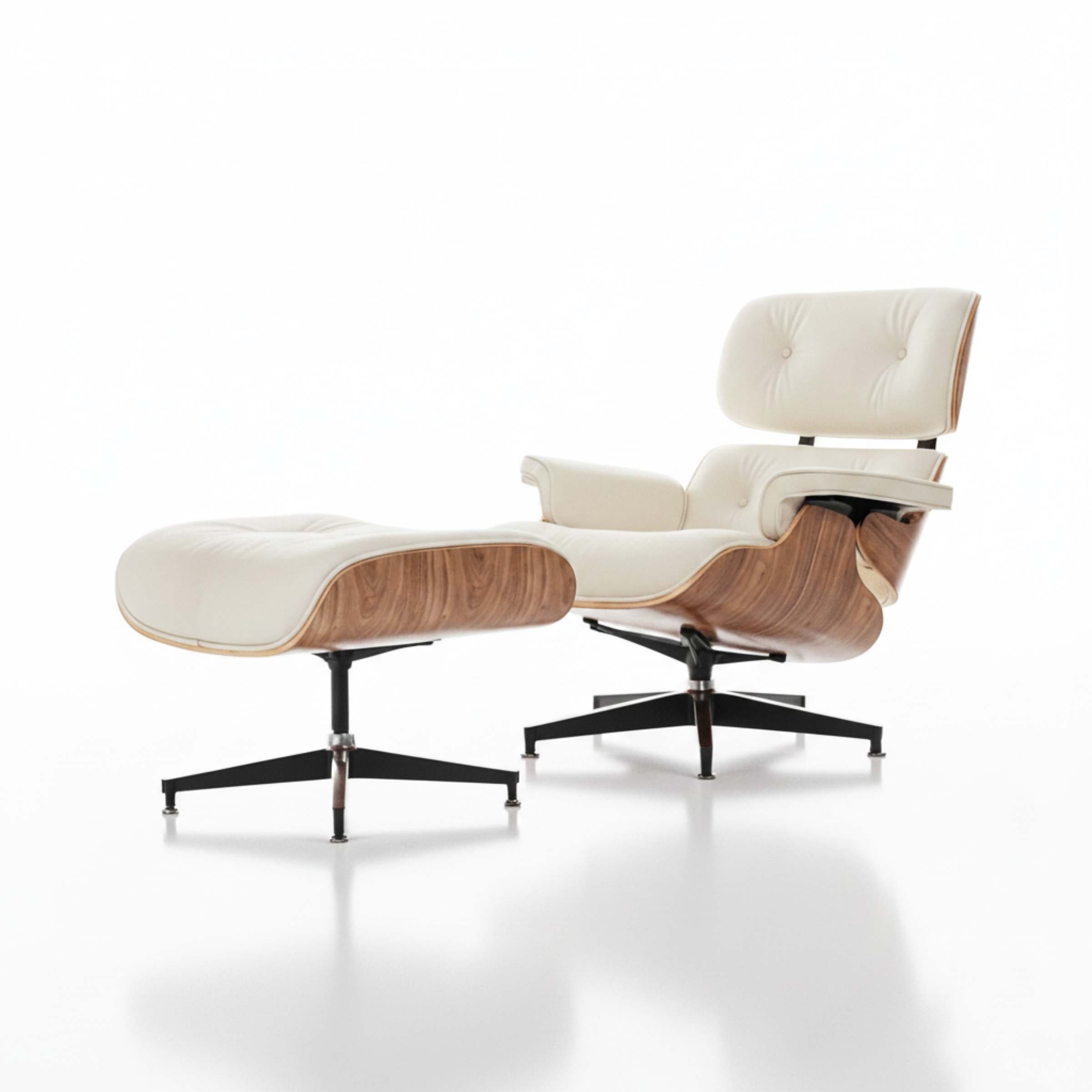 Charles Eames Inspired Mid-Century Lounge Chair & Ottoman Set in Walnut Ivory - Aura Furnitures