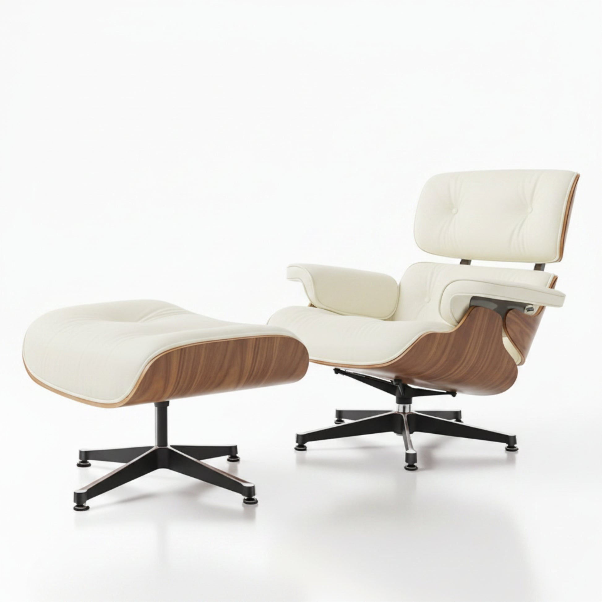 Charles Eames Inspired Mid-Century Lounge Chair & Ottoman Set in Walnut Ivory - Aura Furnitures