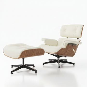 Charles Eames Inspired Mid-Century Lounge Chair & Ottoman Set in Walnut Ivory - Aura Furnitures