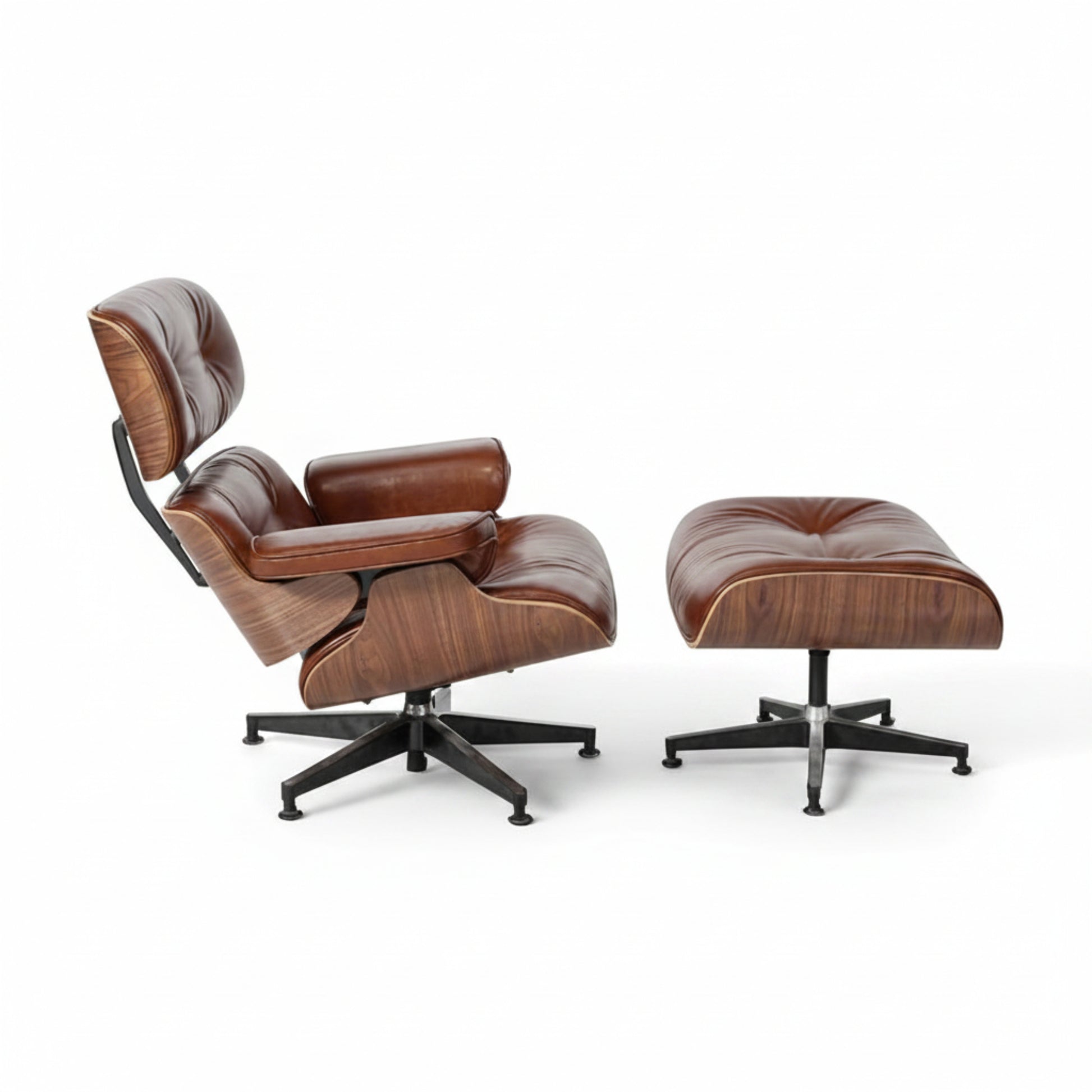 Charles Eames Inspired Mid-Century Lounge Chair & Ottoman XL – Walnut Wood Waxed Vintage Tan - Aura Furnitures