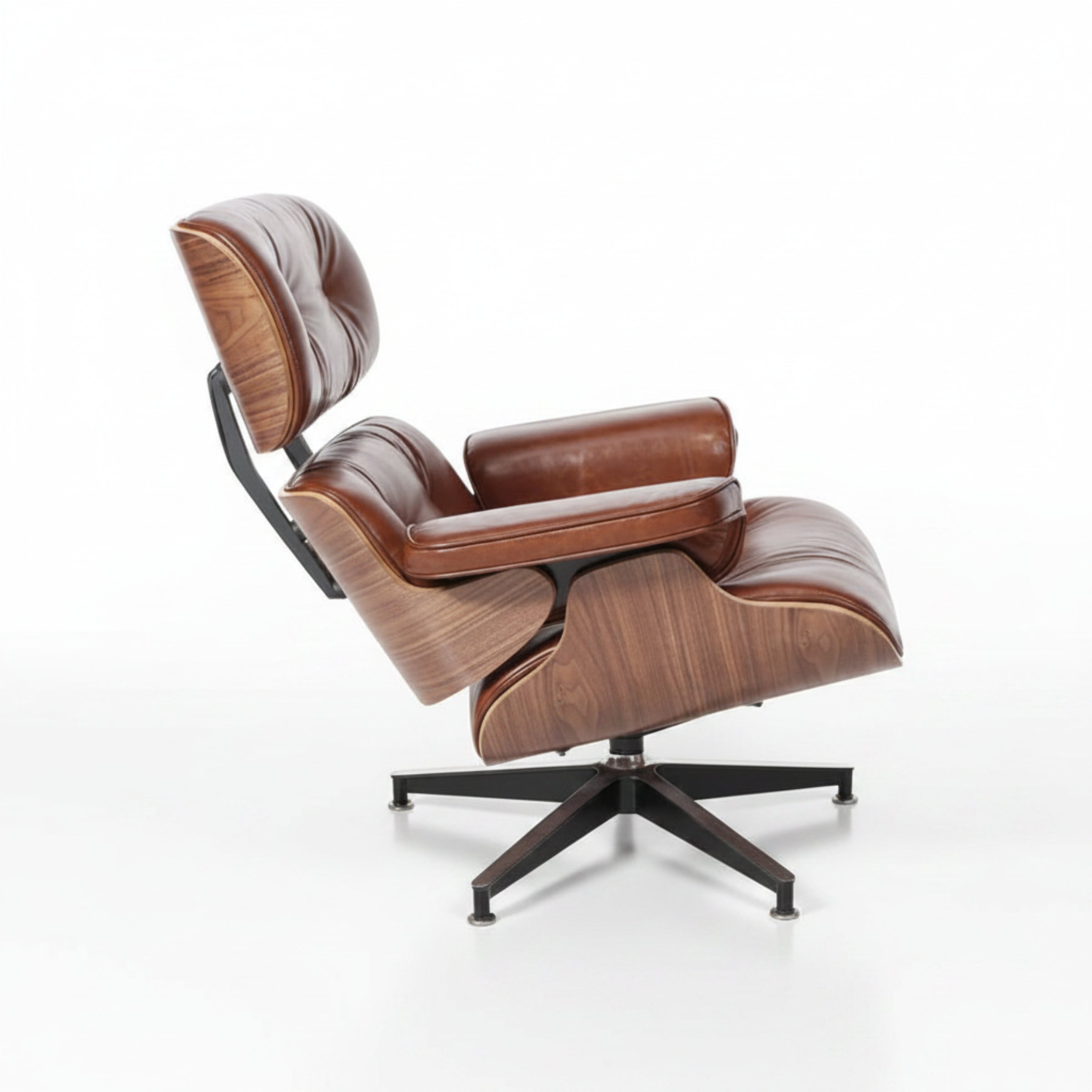 Charles Eames Inspired Mid-Century Lounge Chair & Ottoman XL – Walnut Wood Waxed Vintage Tan - Aura Furnitures