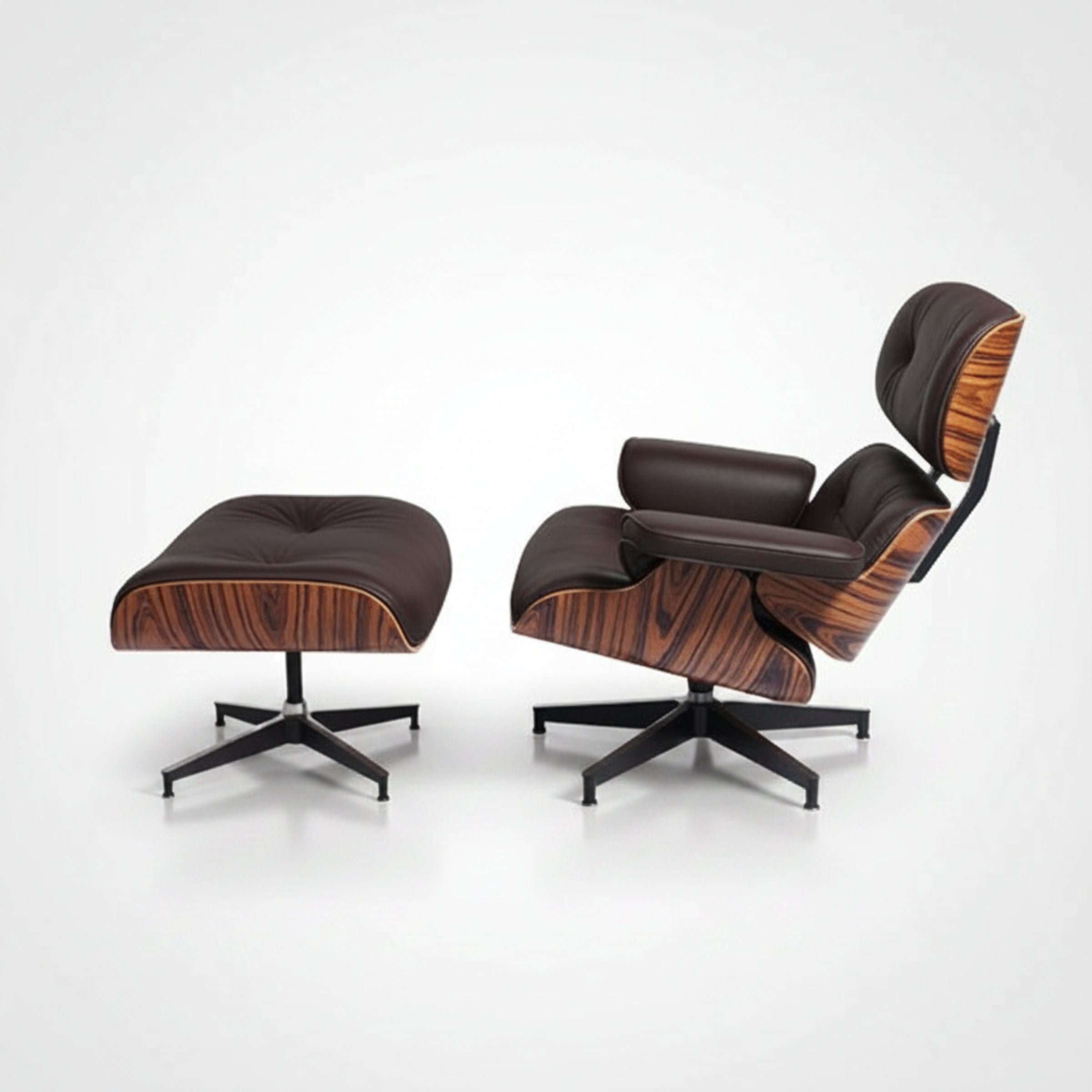 Charles Eames Inspired Mid-Century Lounge Chair With Ottoman Italian Leather - Rose Wood - Aura Furnitures