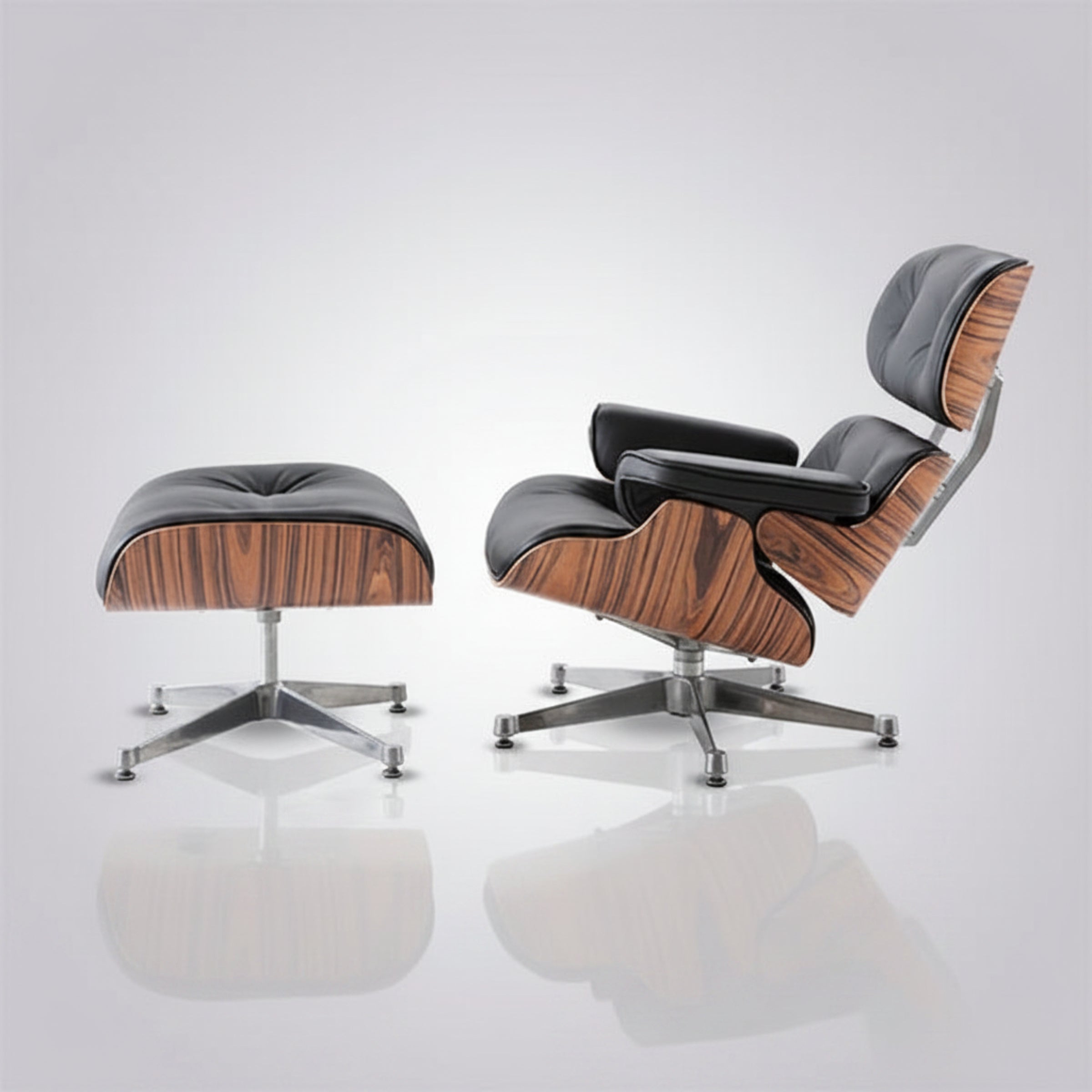 Charles Eames Inspired Mid-Century Lounge Chair With Ottoman Italian Leather - Rose Wood - Aura Furnitures