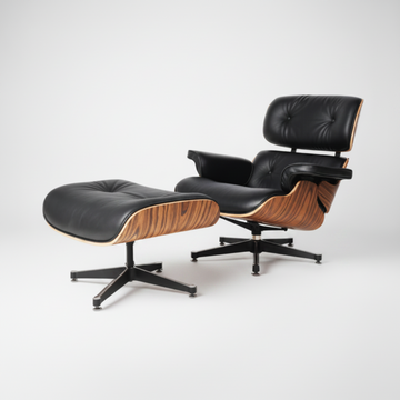Charles Eames Inspired Mid-Century Lounge Chair With Ottoman Italian Leather - Rose Wood - Aura Furnitures