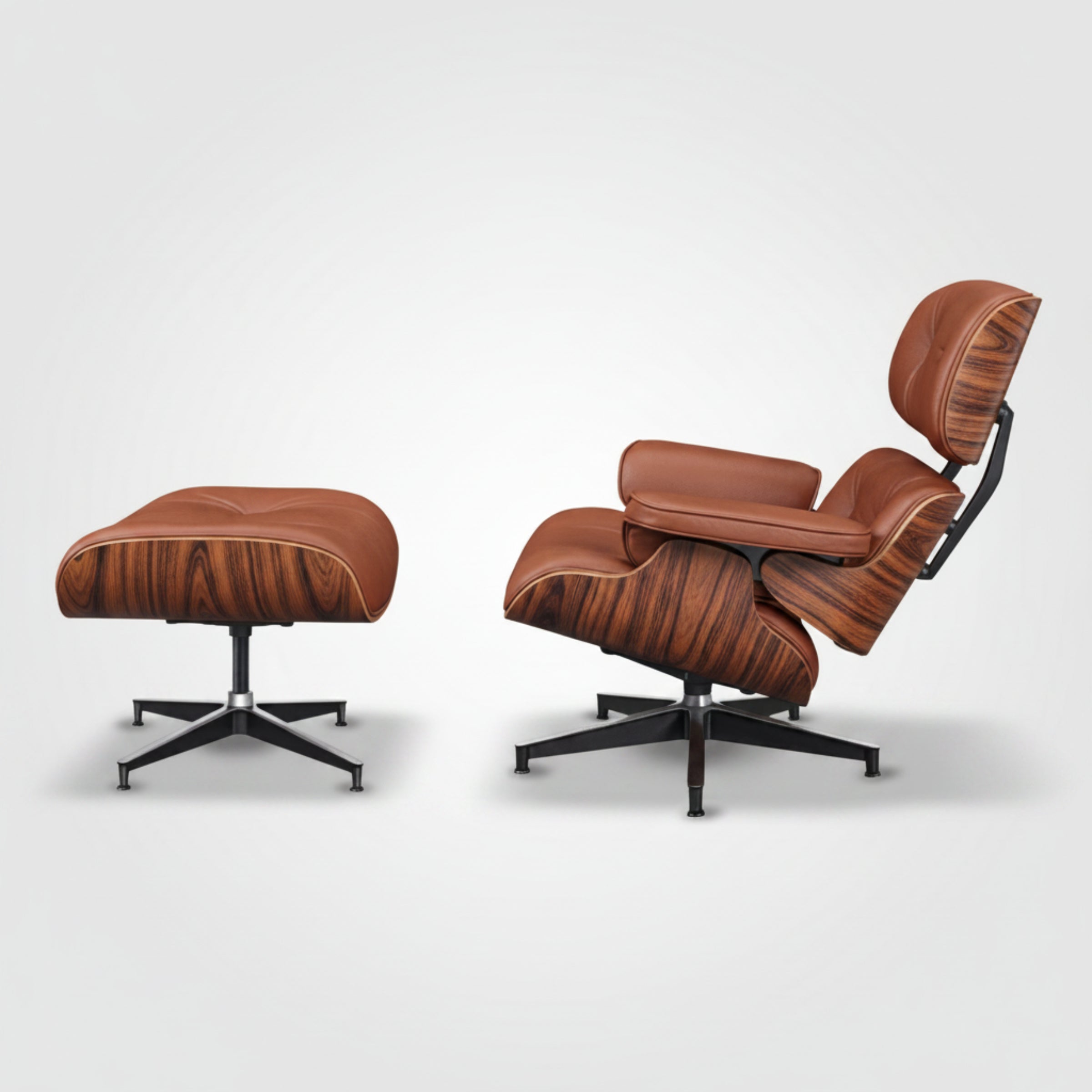 Charles Eames Inspired Mid-Century Lounge Chair With Ottoman Italian Leather - Rose Wood - Aura Furnitures