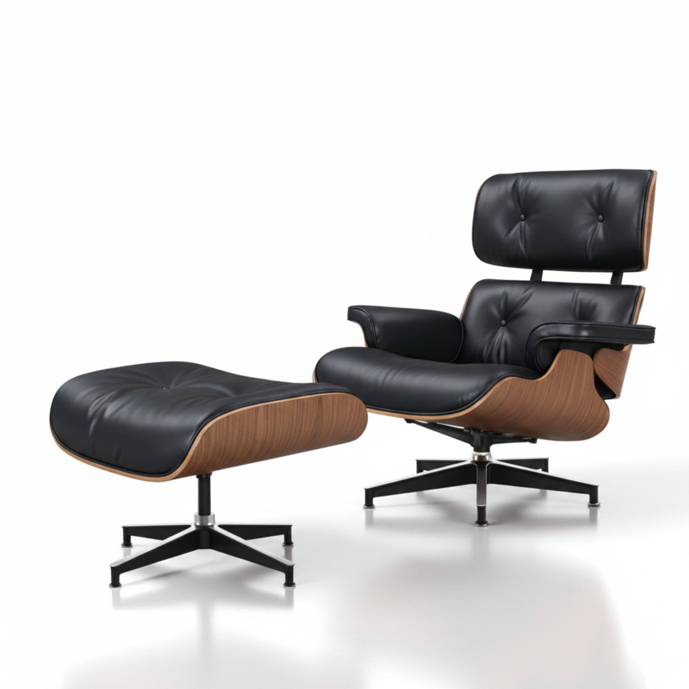 Charles Eames Inspired Walnut Lounge Chair & Ottoman Set XL Tall Comfort - Walnut Wood Black and White - Aura Furnitures