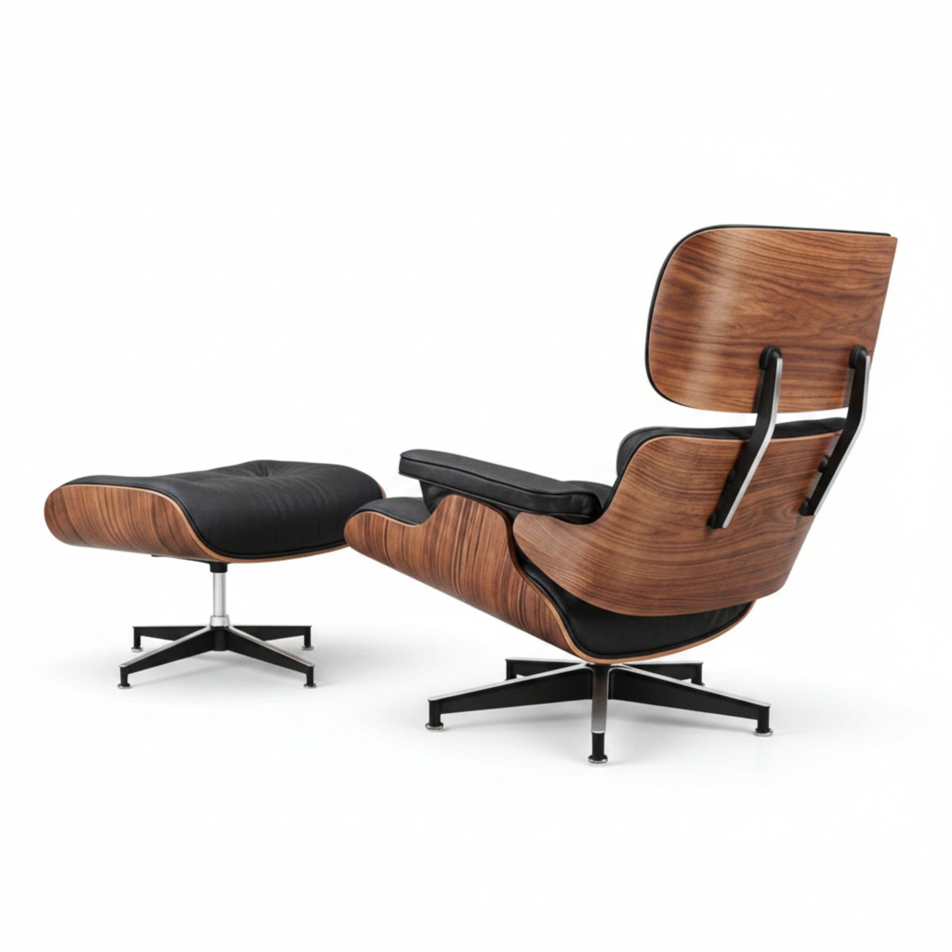 Charles Eames Inspired Walnut Lounge Chair & Ottoman Set XL Tall Comfort - Walnut Wood Black and White - Aura Furnitures