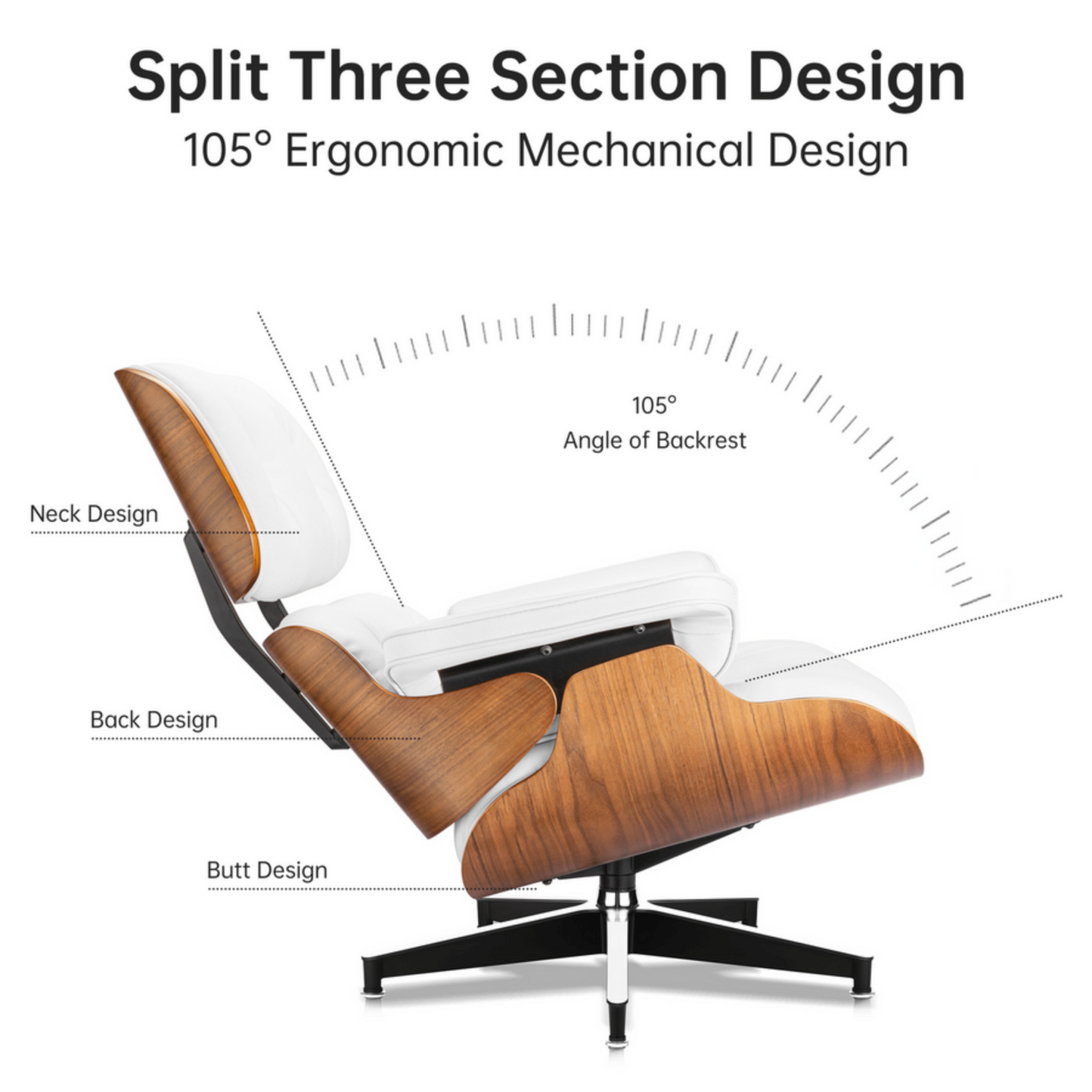 Charles Eames Inspired Walnut Lounge Chair & Ottoman Set XL Tall Comfort - Walnut Wood Black and White - Aura Furnitures