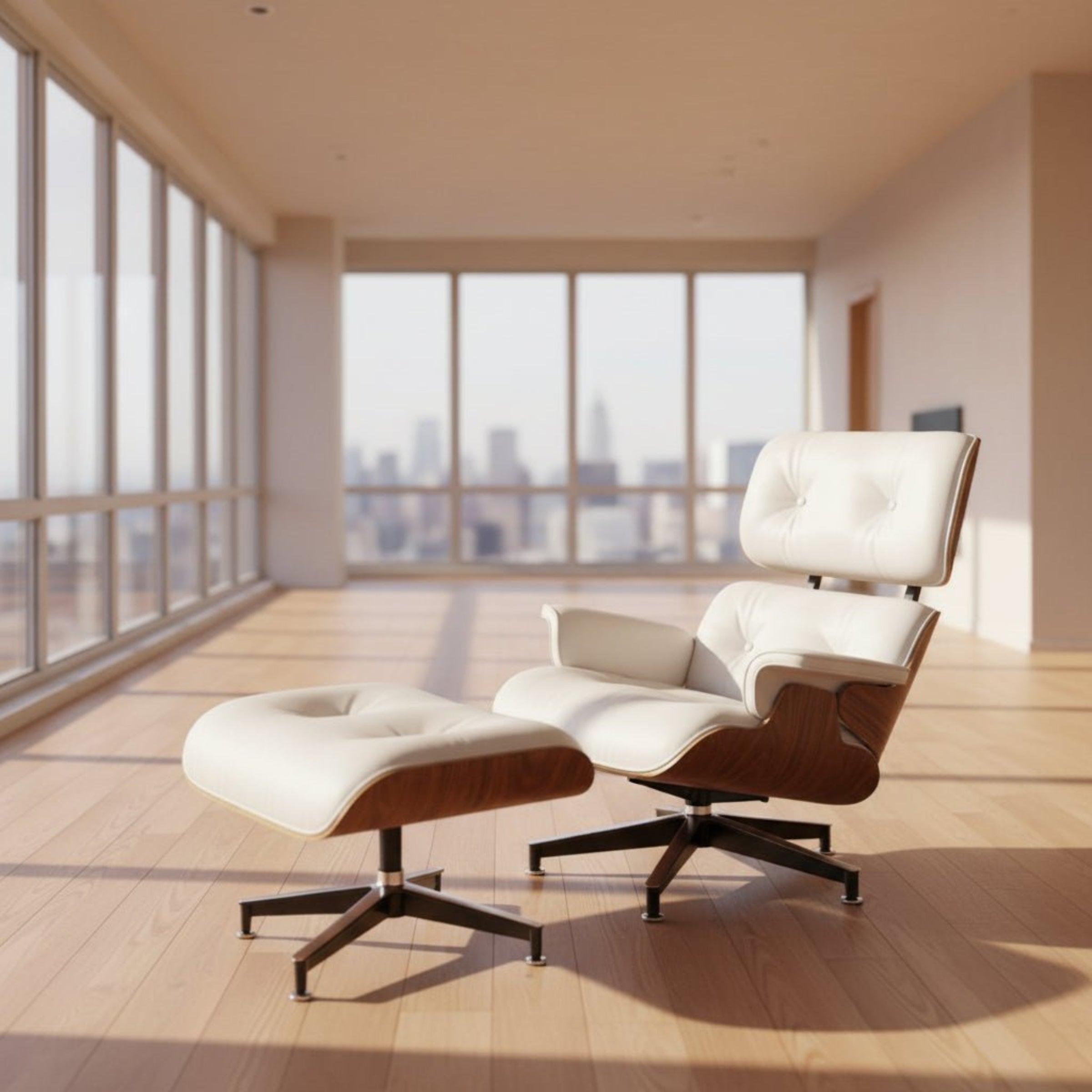 Charles Eames Inspired Walnut Lounge Chair & Ottoman Set XL Tall Comfort - Walnut Wood Black and White - Aura Furnitures