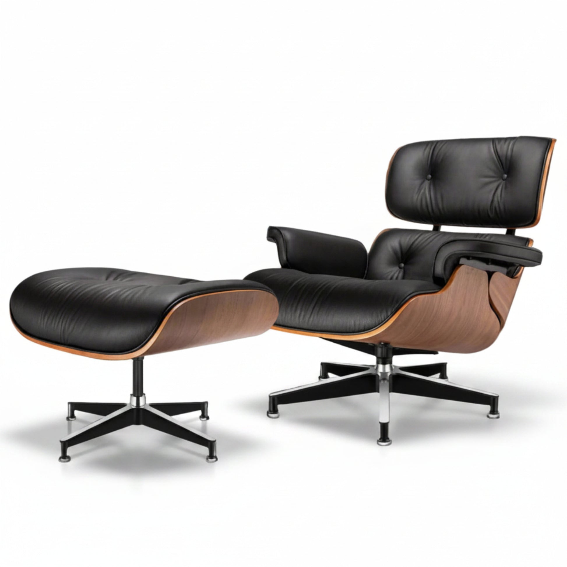 Charles Eames Inspired Walnut Lounge Chair & Ottoman Set XL Tall Comfort - Walnut Wood Black and White - Aura Furnitures
