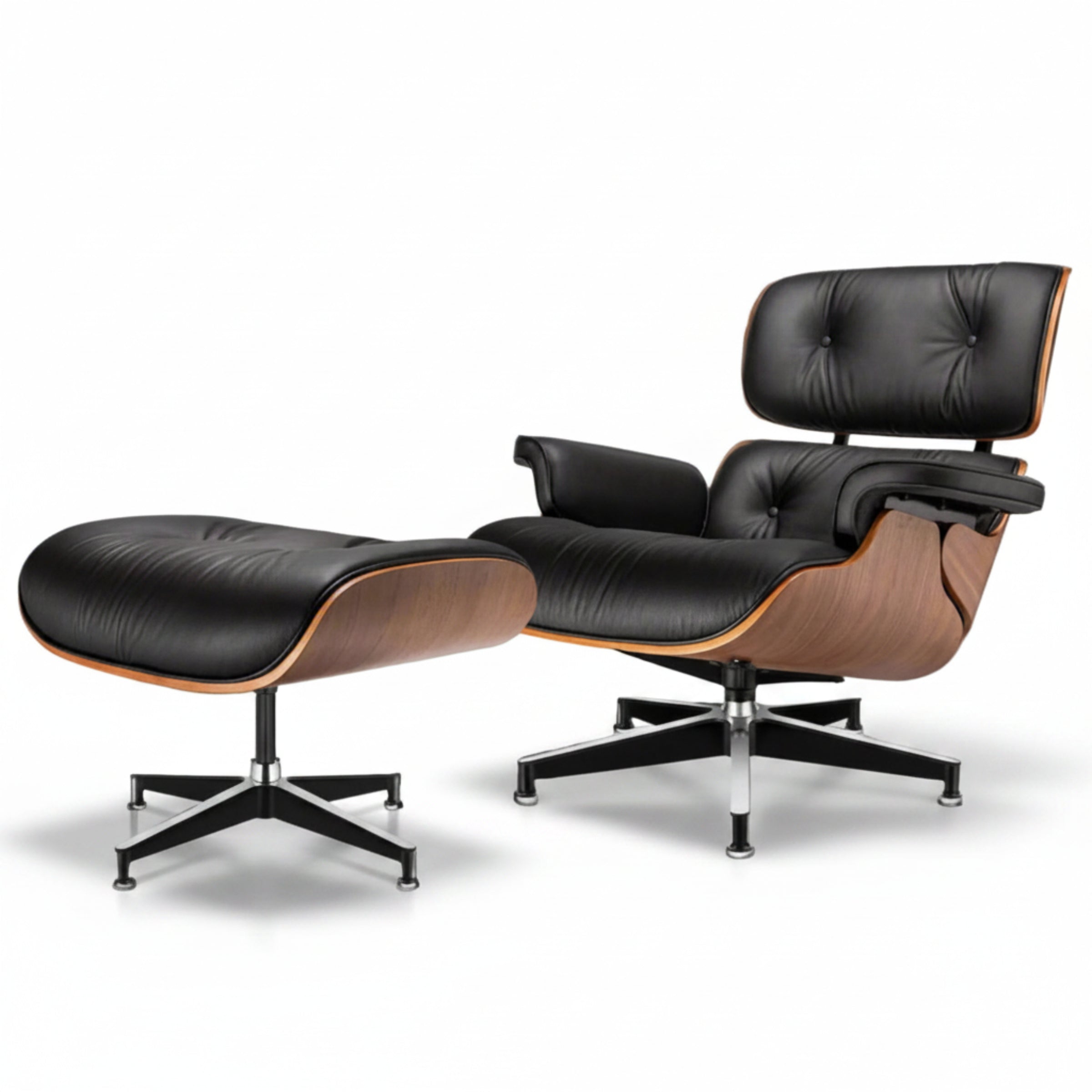 Charles Eames Inspired Walnut Lounge Chair & Ottoman Set XL Tall Comfort - Walnut Wood Black and White - Aura Furnitures