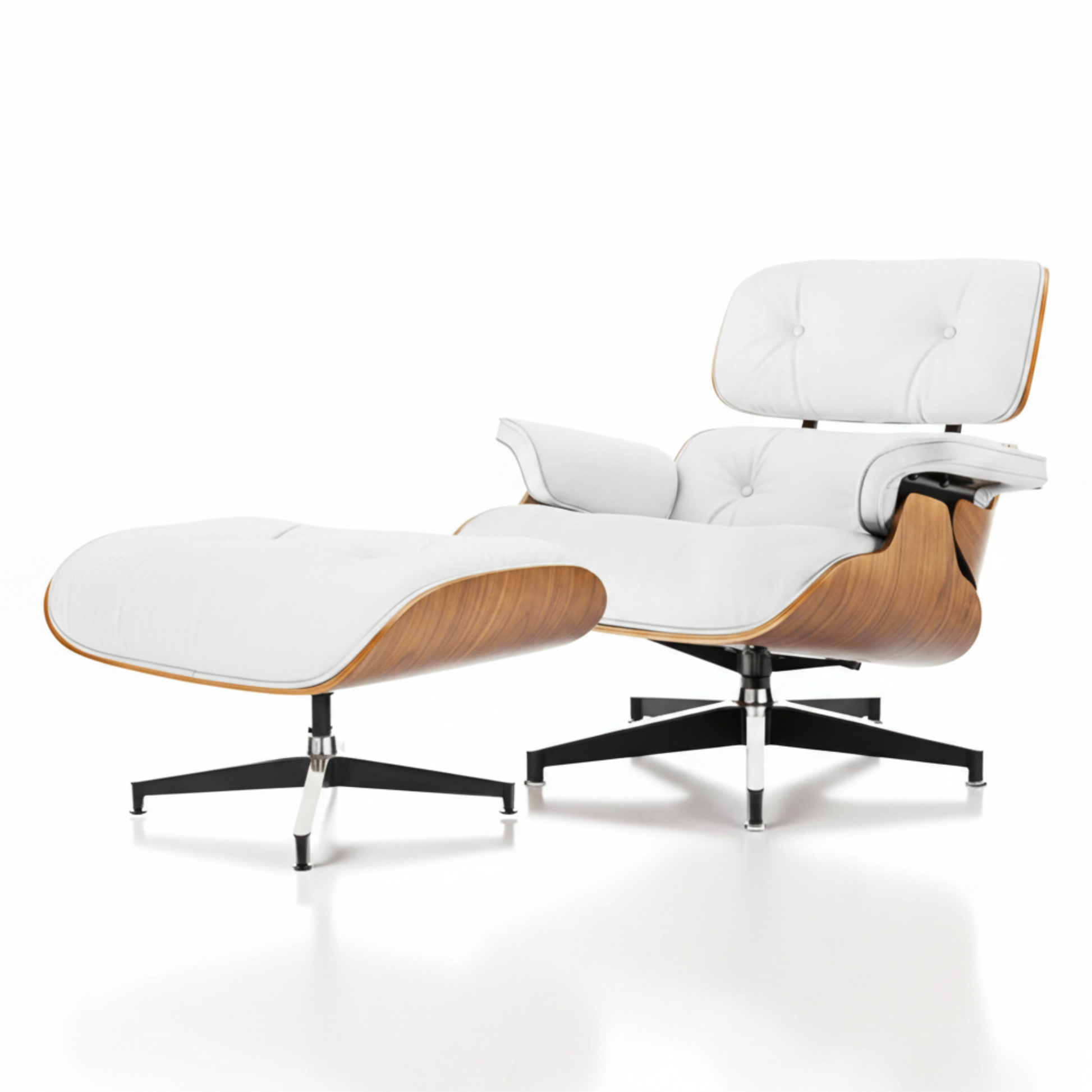 Charles Eames Inspired Walnut Lounge Chair & Ottoman Set XL Tall Comfort - Walnut Wood Black and White - Aura Furnitures