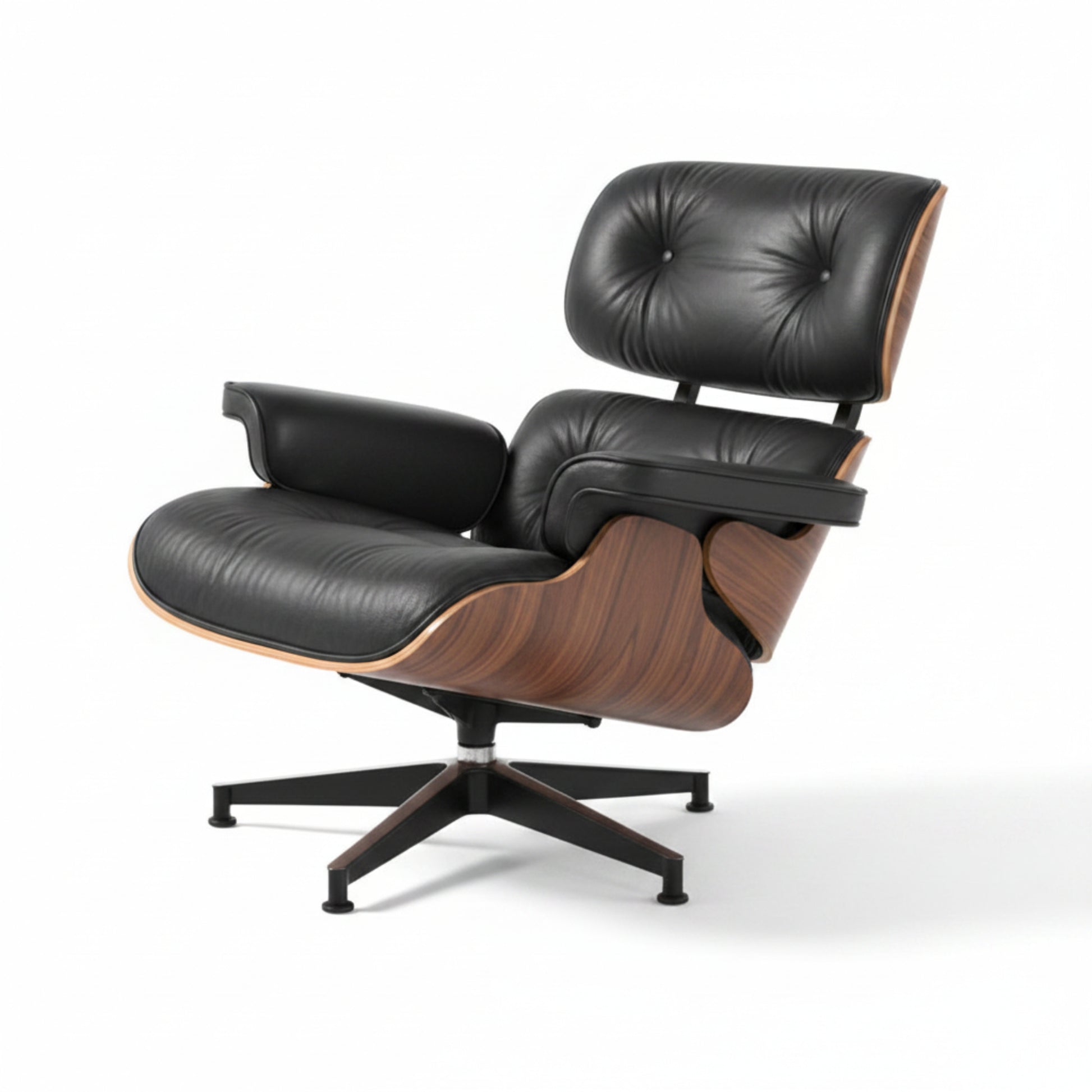 Charles Eames Inspired Walnut Lounge Chair & Ottoman Set XL Tall Comfort - Walnut Wood Black and White - Aura Furnitures