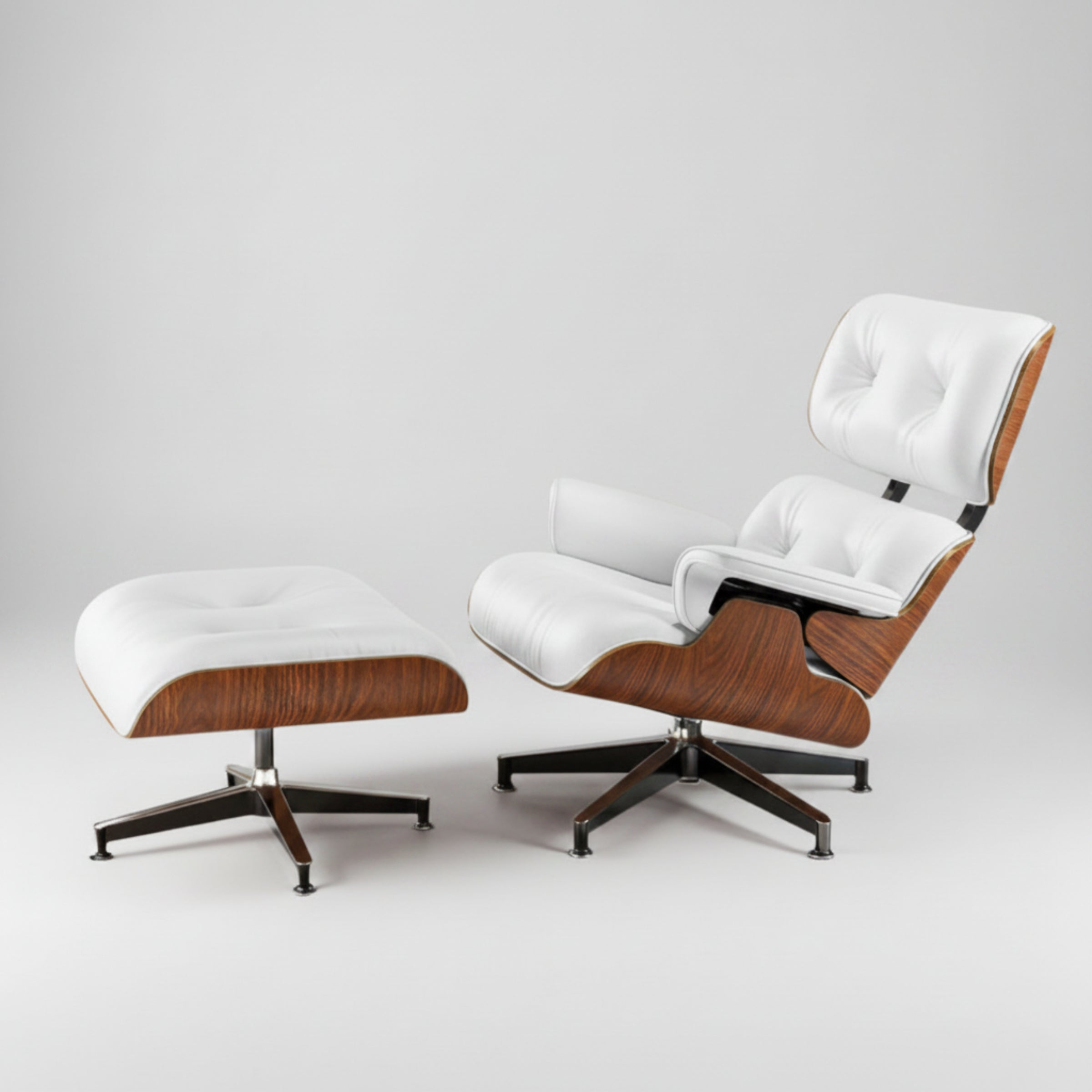 Charles Eames Inspired Walnut Lounge Chair & Ottoman Set XL Tall Comfort - Walnut Wood Black and White - Aura Furnitures