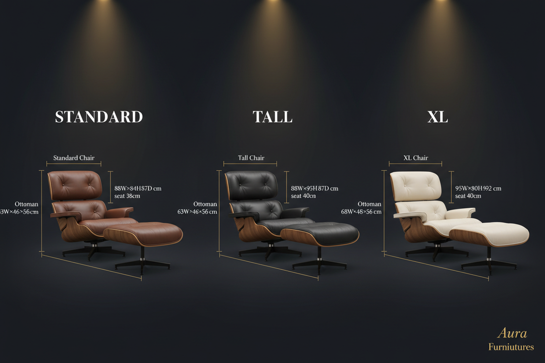 Charles Eames Inspired Walnut Lounge Chair & Ottoman Set XL Tall Comfort - Walnut Wood Black and White - Aura Furnitures