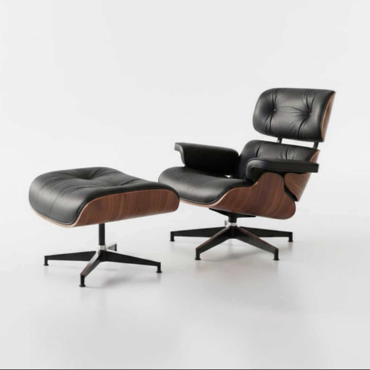 Eames inspired lounge chair and ottoman in black Italian leather and walnut wood