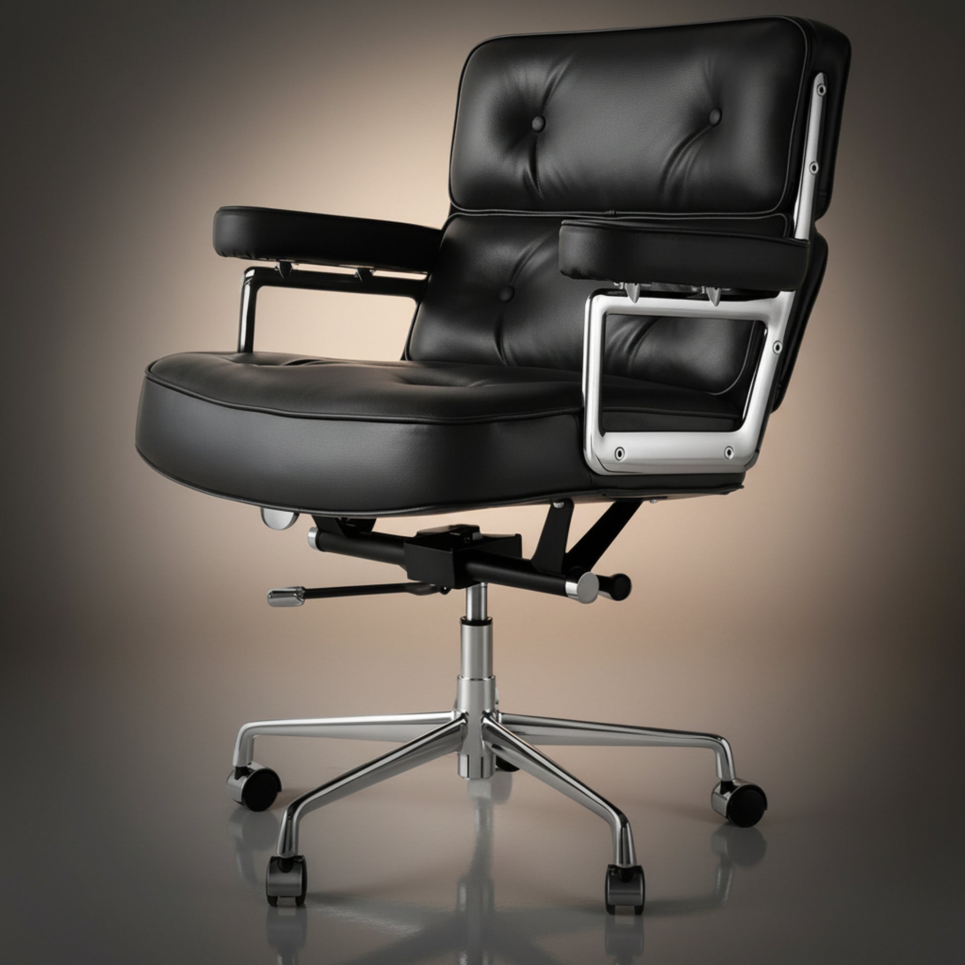 A modern black leather office chair with tufted backrest and armrests, featuring a chrome five-star base with casters.