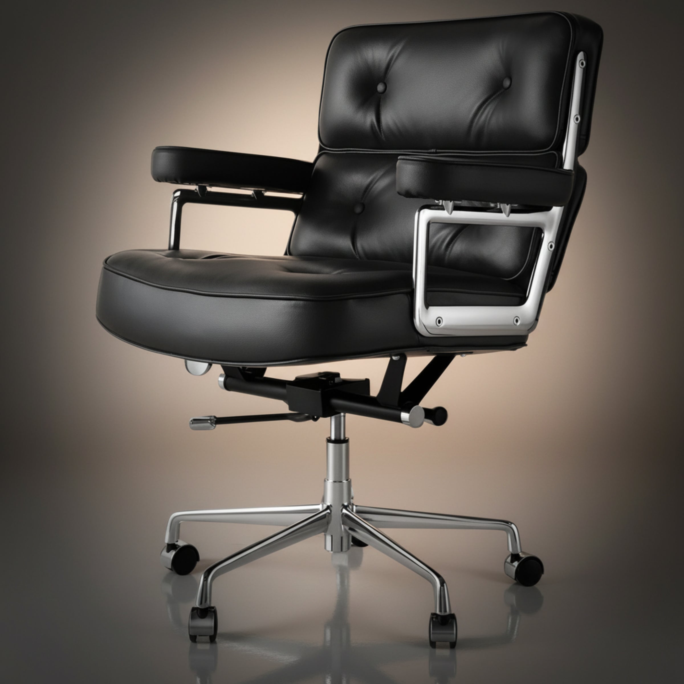 A modern black leather office chair with tufted backrest and armrests, featuring a chrome five-star base with casters.