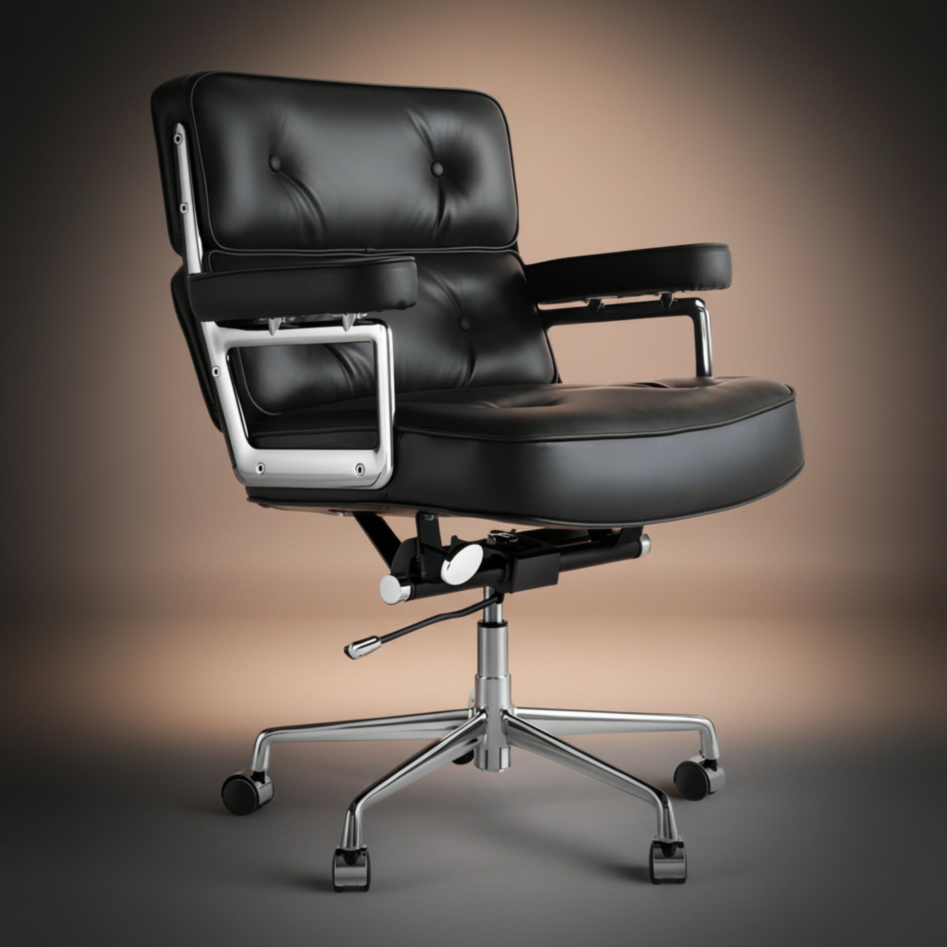 A modern black leather office chair with a tufted backrest, chrome arm supports, and a five-star wheeled base.