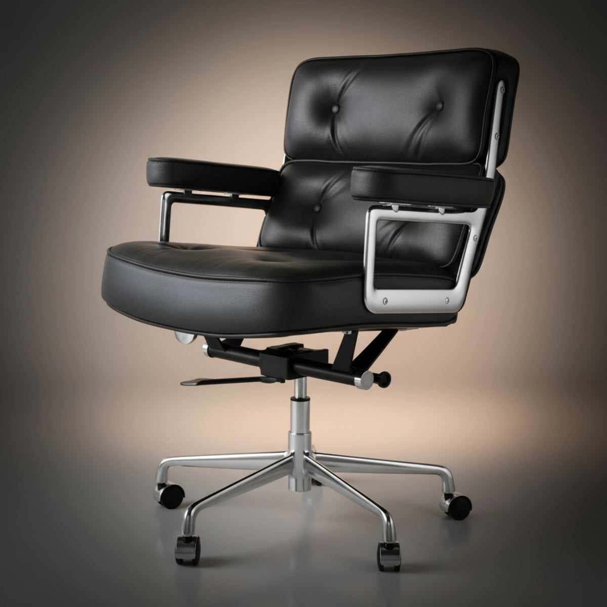 A modern black leather office chair with a tufted backrest, padded armrests, and a chrome five-star wheeled base.