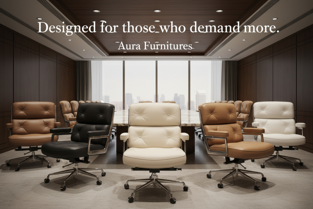 A modern office chair with cream-colored tufted leather upholstery and a chrome five-star base.
