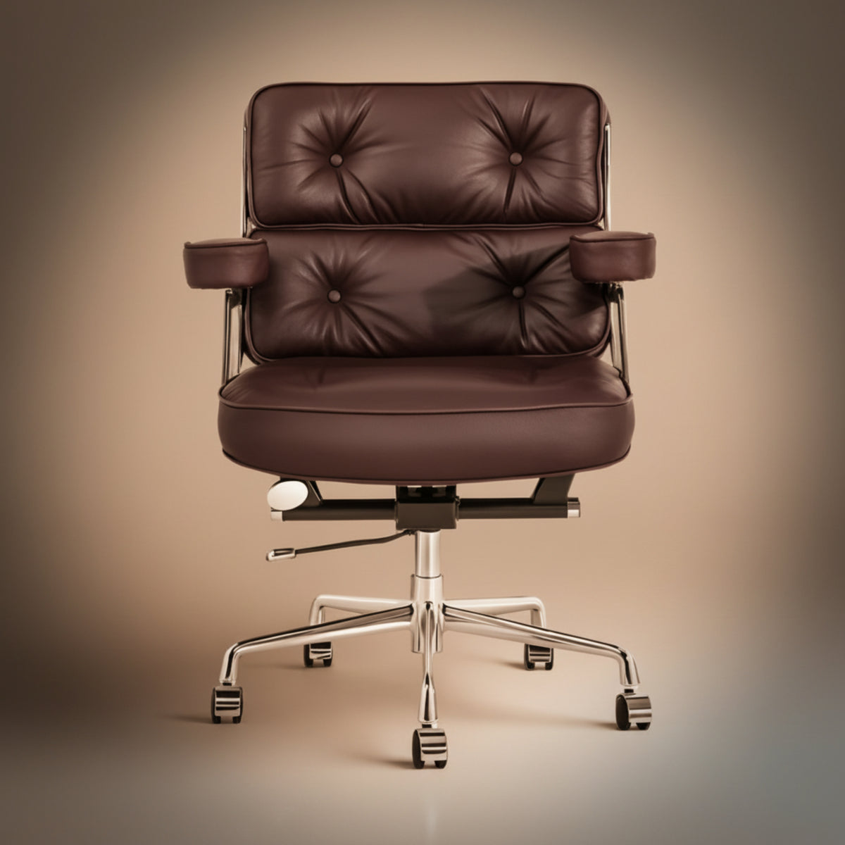 A dark brown tufted leather office chair with a chrome five-star base and casters, centered against a warm gradient studio background.