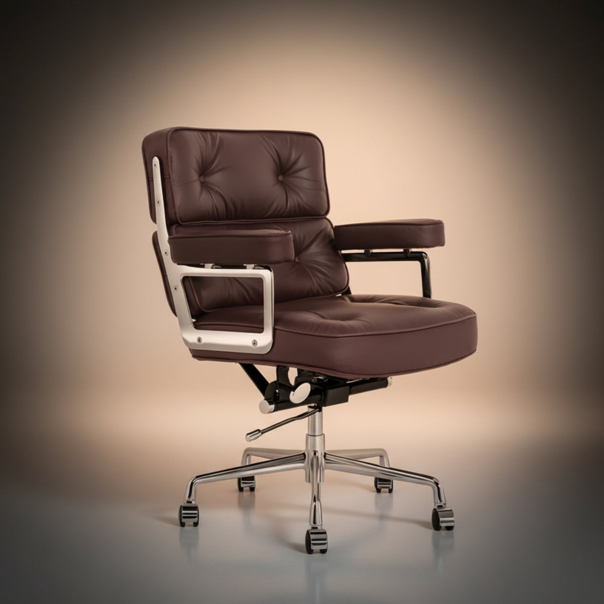 A modern office chair with a tufted dark brown leather seat and backrest, featuring a chrome five-star base and armrest supports.