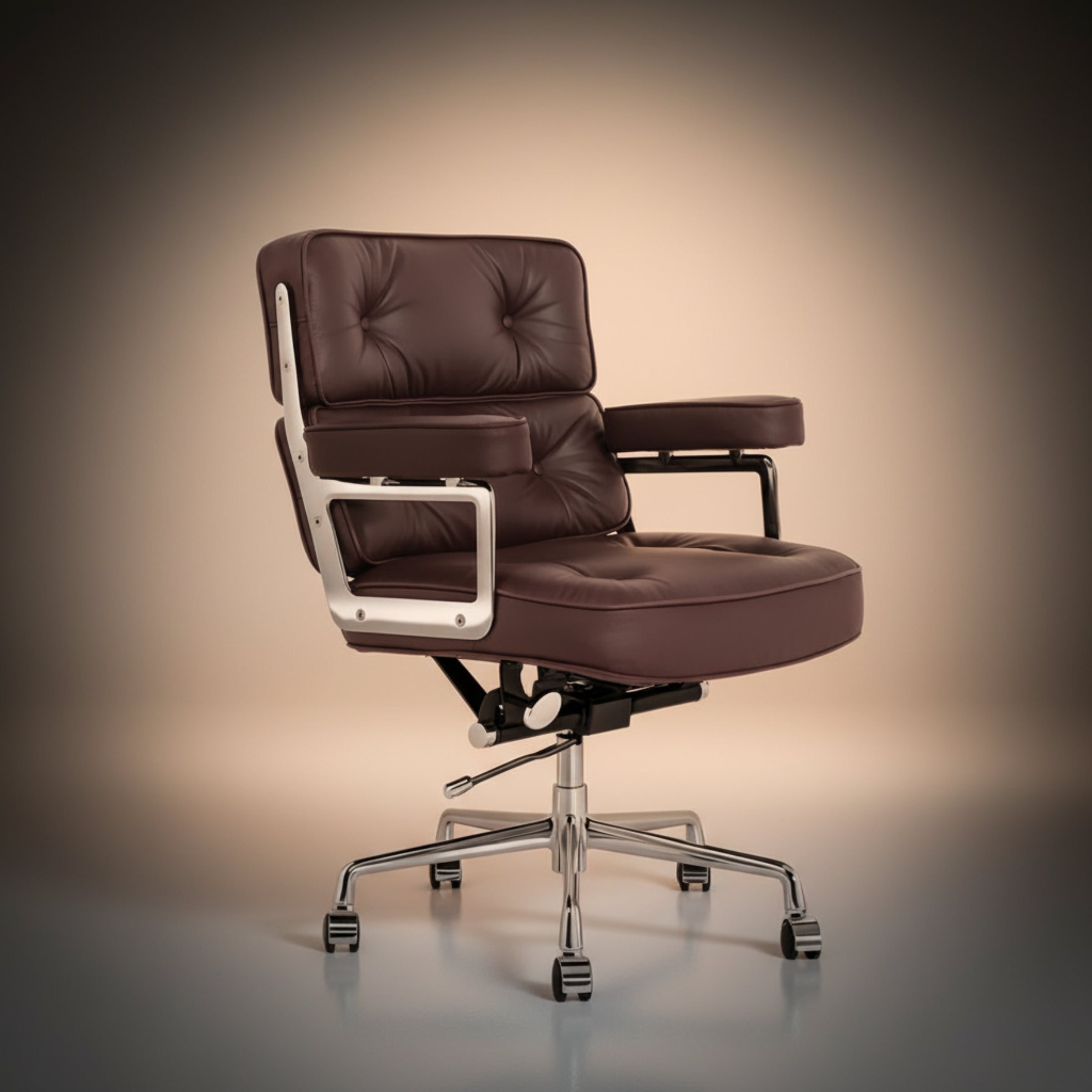 A modern office chair with a tufted dark brown leather seat and backrest, featuring a chrome five-star base and armrest supports.