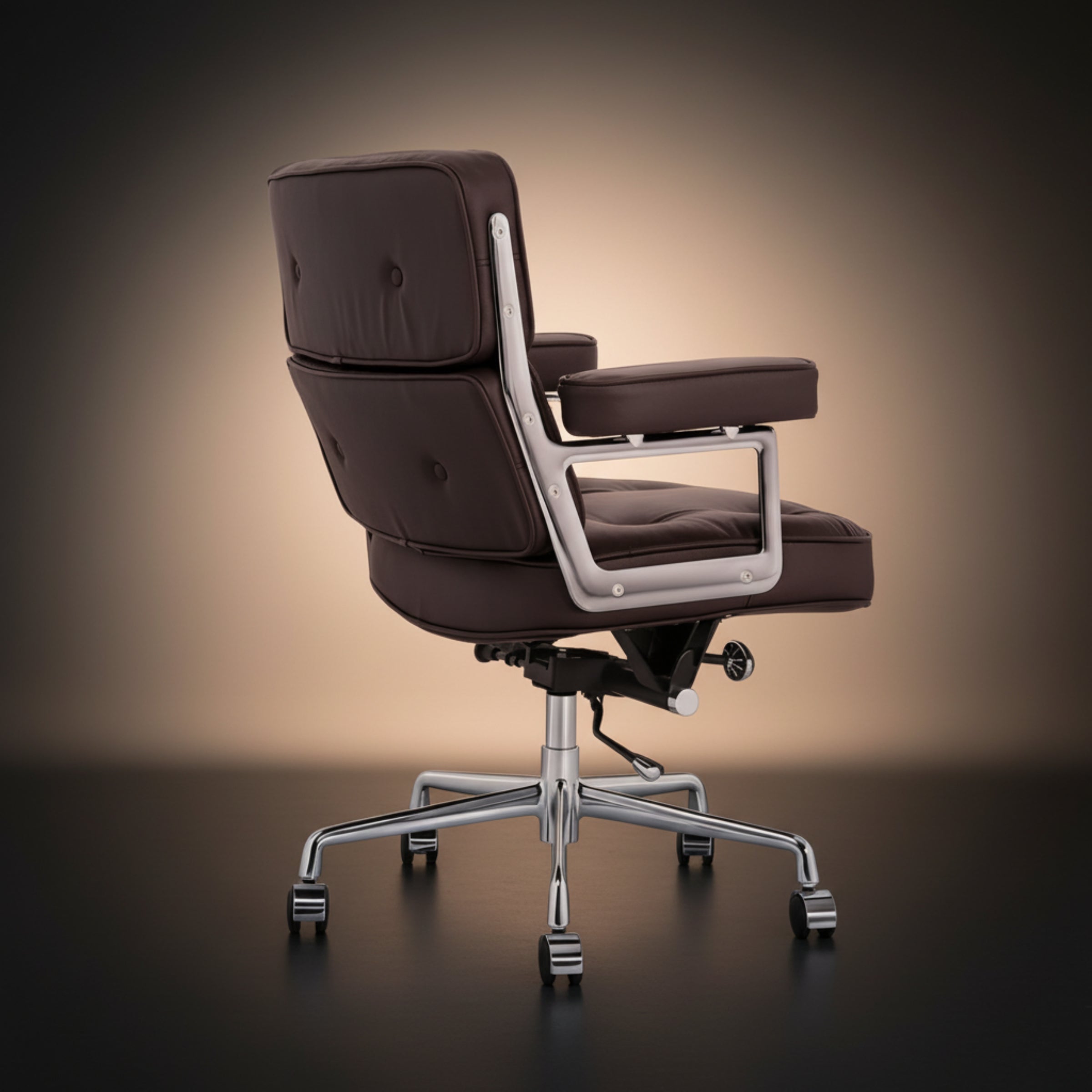 A luxury office chair with dark brown tufted leather upholstery and a polished chrome five-star base, shown from a three-quarters angle against a warm gradient studio background.