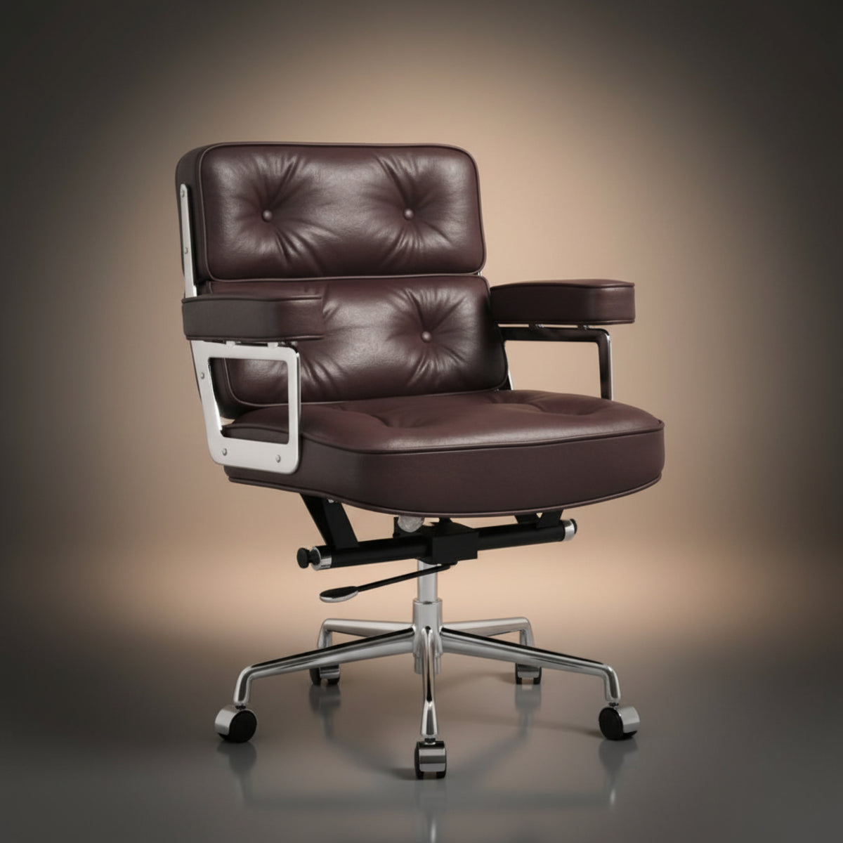 A modern office chair with tufted dark brown leather upholstery and a chrome five-star base, shown against a warm gradient studio background.