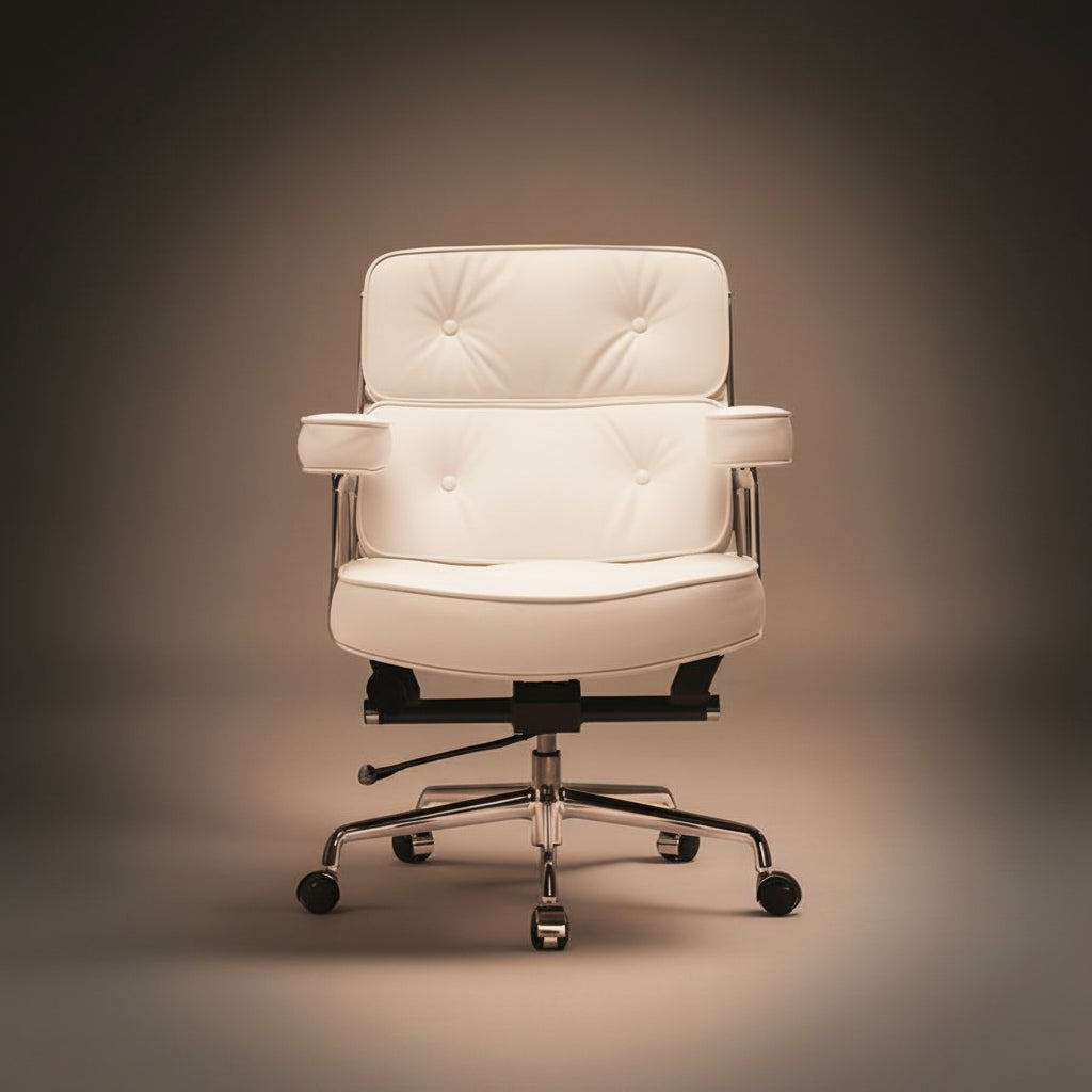 A modern white leather office chair with tufted backrest and seat, chrome armrests, and a five-star metal base with casters.