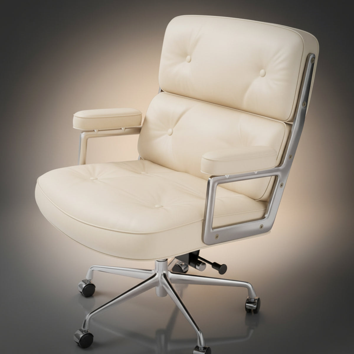 Cream leather office chair with a chrome metal frame and five-star wheeled base, shown on a dark gradient studio background.