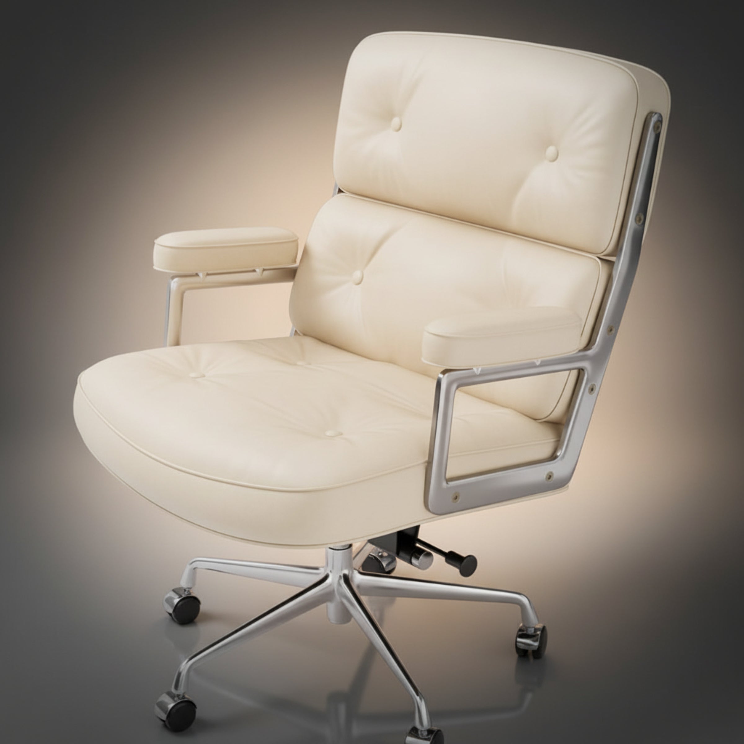 Cream leather office chair with a chrome metal frame and five-star wheeled base, shown on a dark gradient studio background.