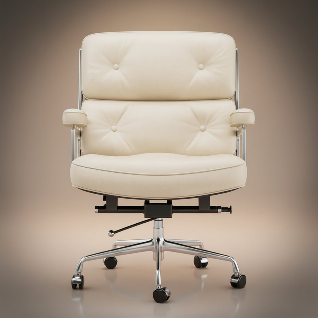 A modern office chair with cream-colored tufted leather upholstery and a chrome five-star base.
