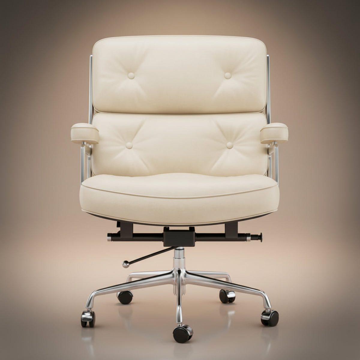 A modern office chair with cream-colored tufted leather upholstery and a chrome five-star base.