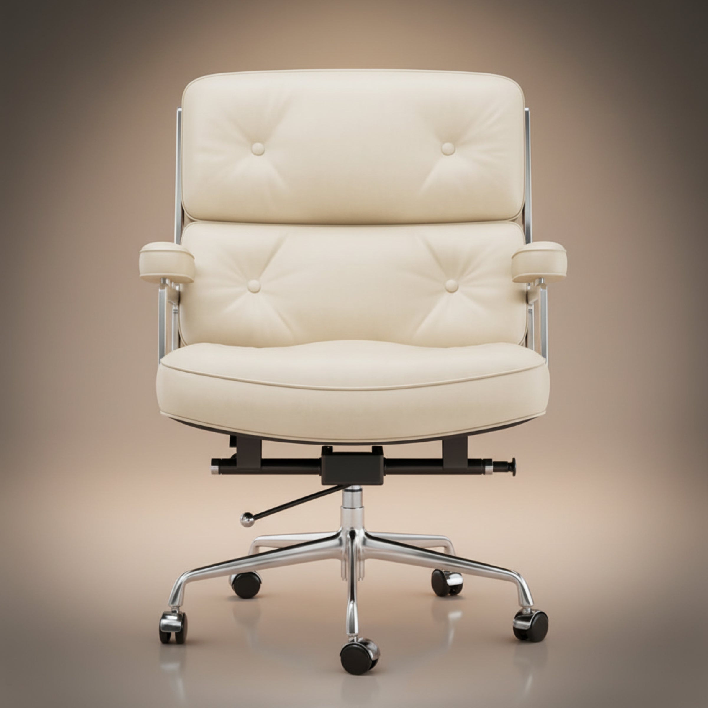 A modern office chair with cream-colored tufted leather upholstery and a chrome five-star base.