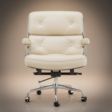 A modern office chair with cream-colored tufted leather upholstery and a chrome five-star base.