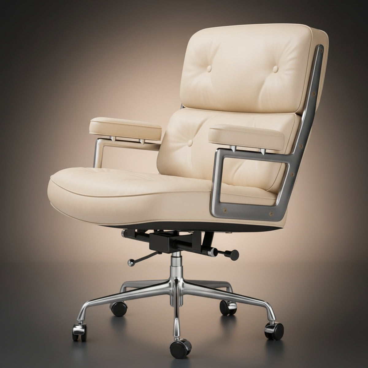 A modern office chair with cream tufted leather upholstery and a chrome five-star base with casters