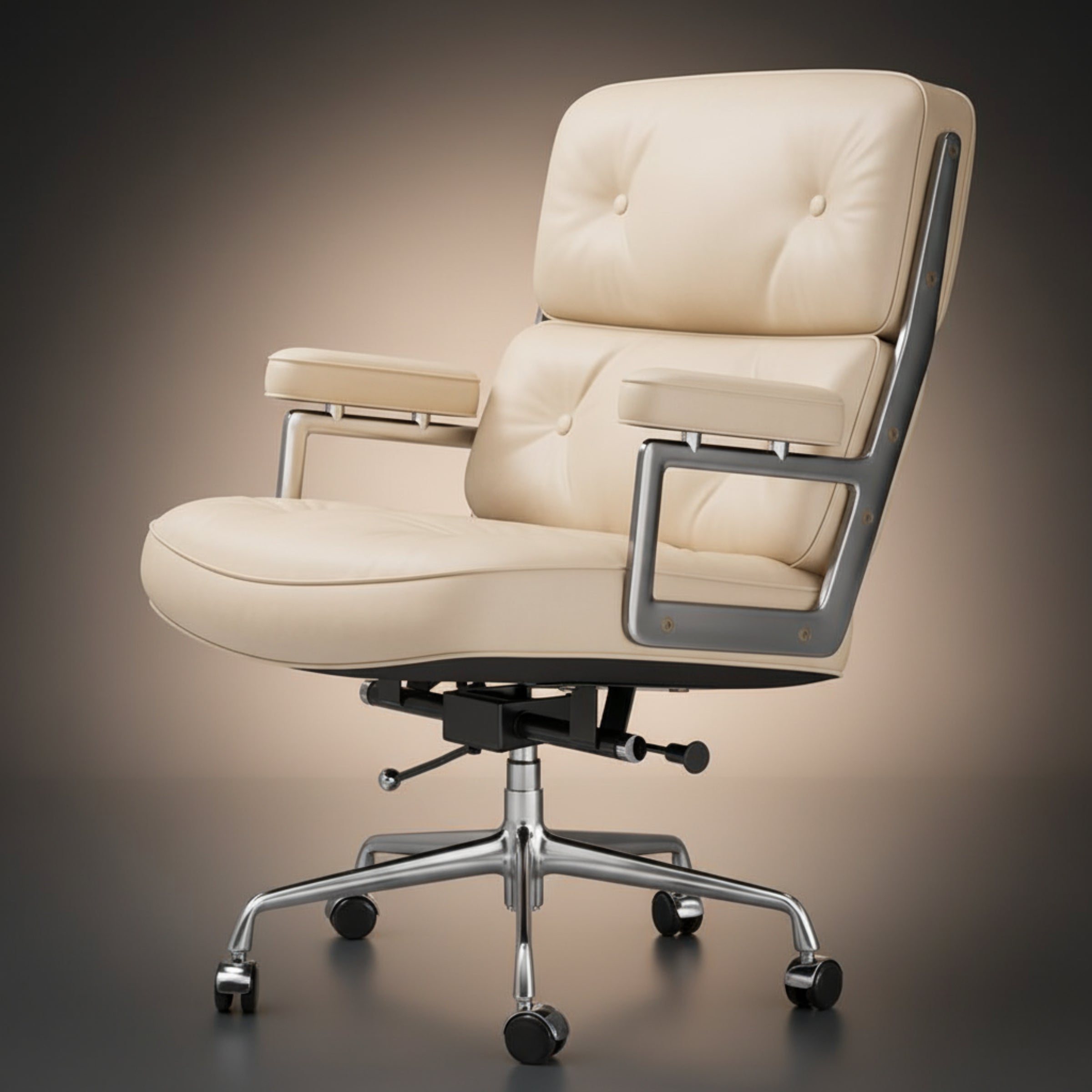 A modern office chair with cream tufted leather upholstery and a chrome five-star base with casters