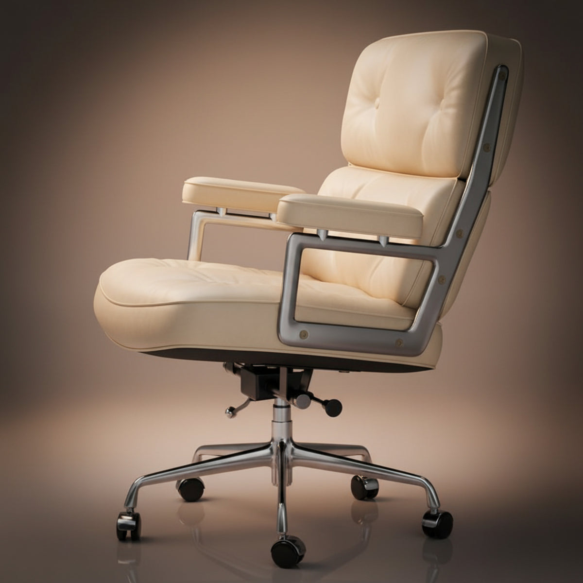 A modern office chair with cream-colored leather upholstery and a chrome five-star base with casters.