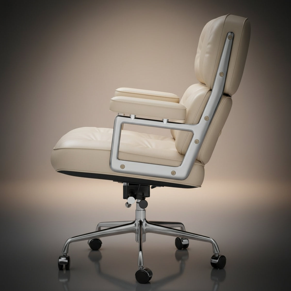 A modern high-back office chair with cream-colored leather upholstery and a silver metal frame, shown from a side profile.