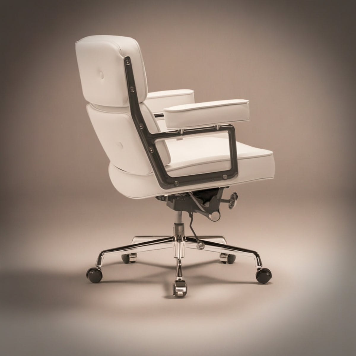 A modern white upholstered office chair with a high back, padded armrests, and a black metal support frame.