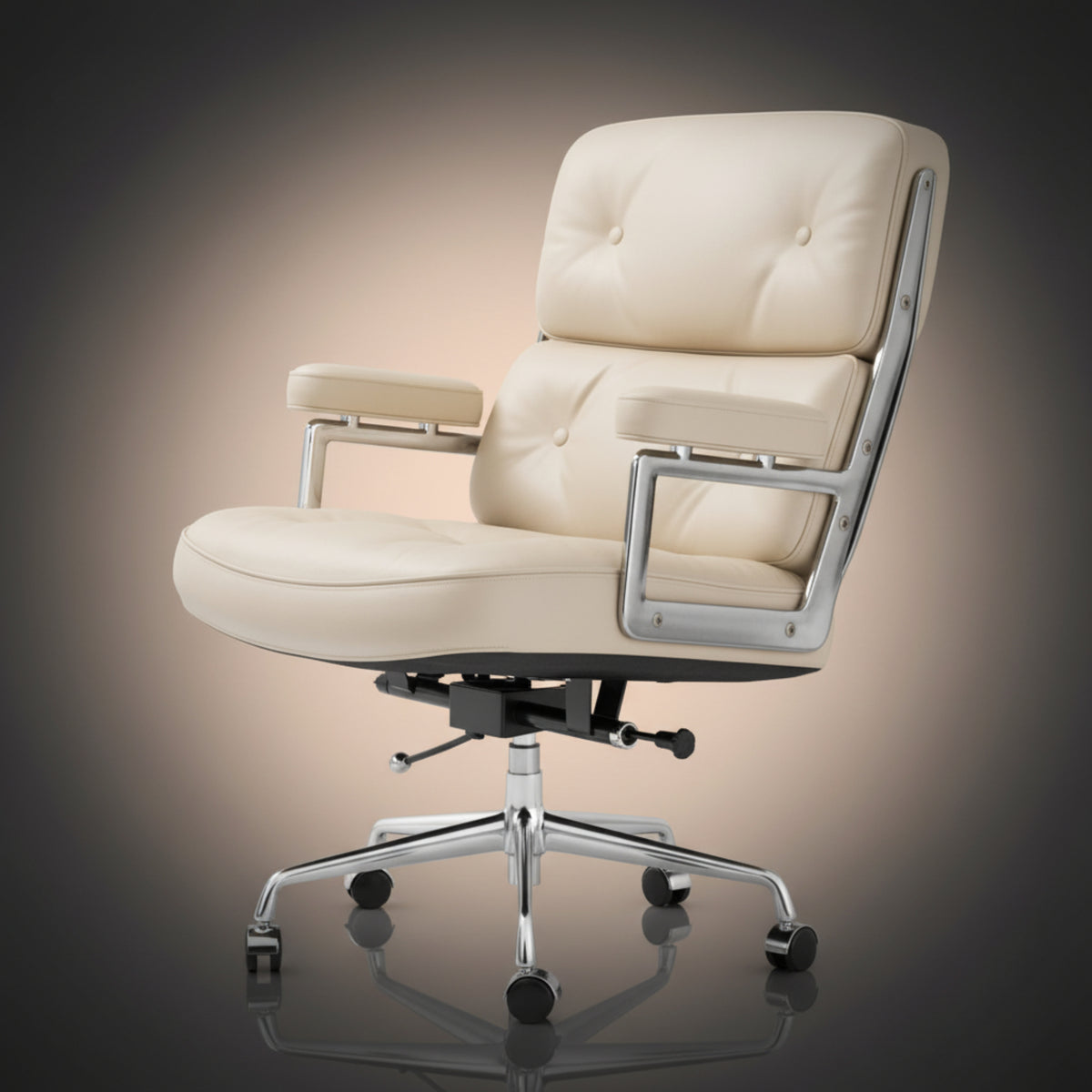 A modern office chair with cream-colored tufted leather upholstery and a polished chrome metal frame.
