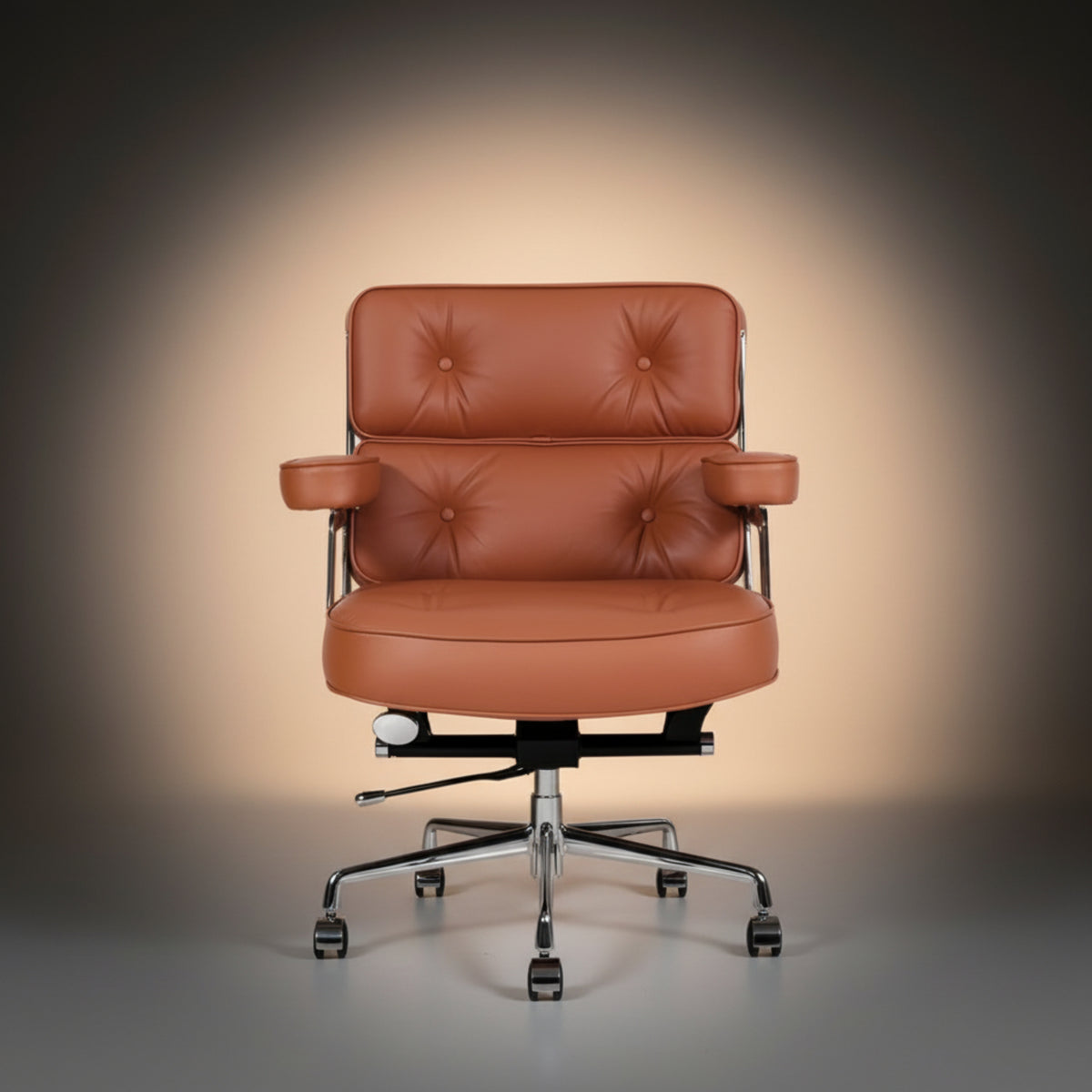 A modern accent chair upholstered in warm cognac brown leather with tufted button details on the backrest and seat, featuring adjustable armrests.
