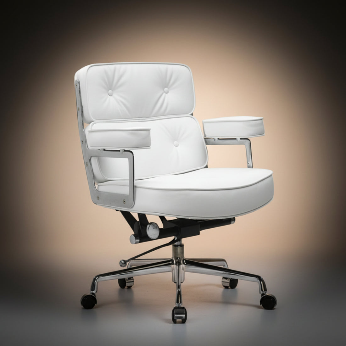 A modern white upholstered office chair with tufted back and seat cushions, chrome metal arm supports, a black gas-lift mechanism.