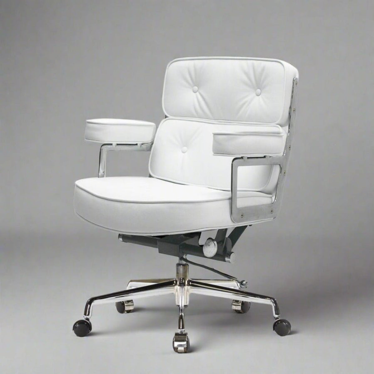 White office chair with armrests on a gray background