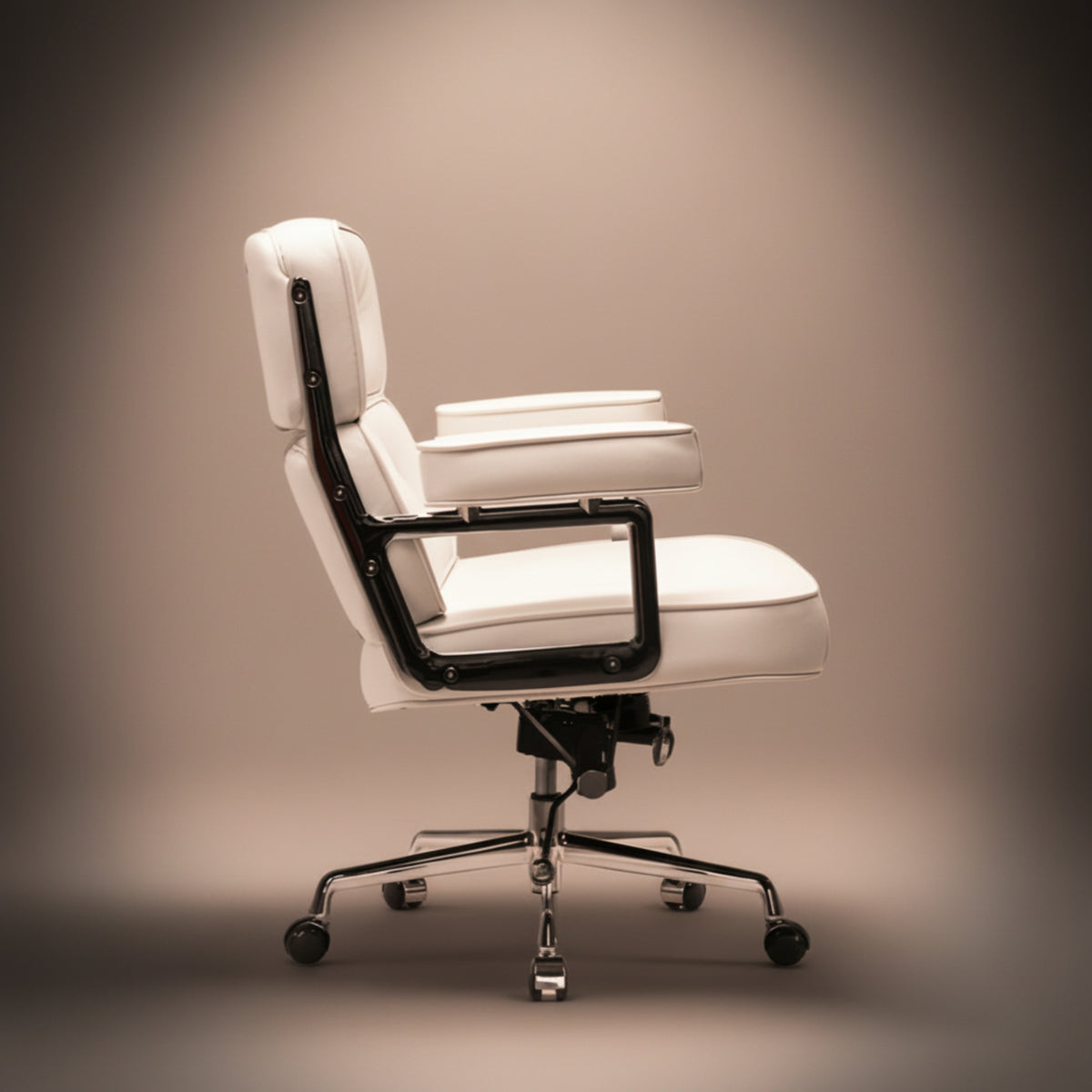 A modern white leather office chair with a black metal frame and chrome rolling base, shown from a side profile against a warm brown gradient background.