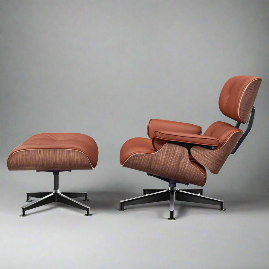Eames Inspired Mid-Century Lounge Chair & Ottoman in Walnut Wood and Brown